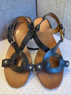 Michael Kors Black Leather Ring-Strap Flat Sandals